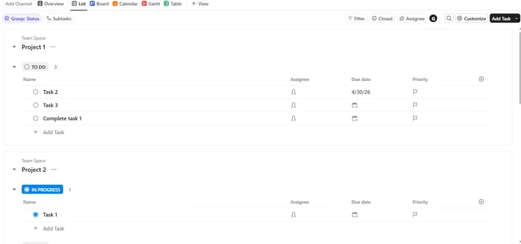 Screenshot of ClickUp List view. Source: Tech.co testing