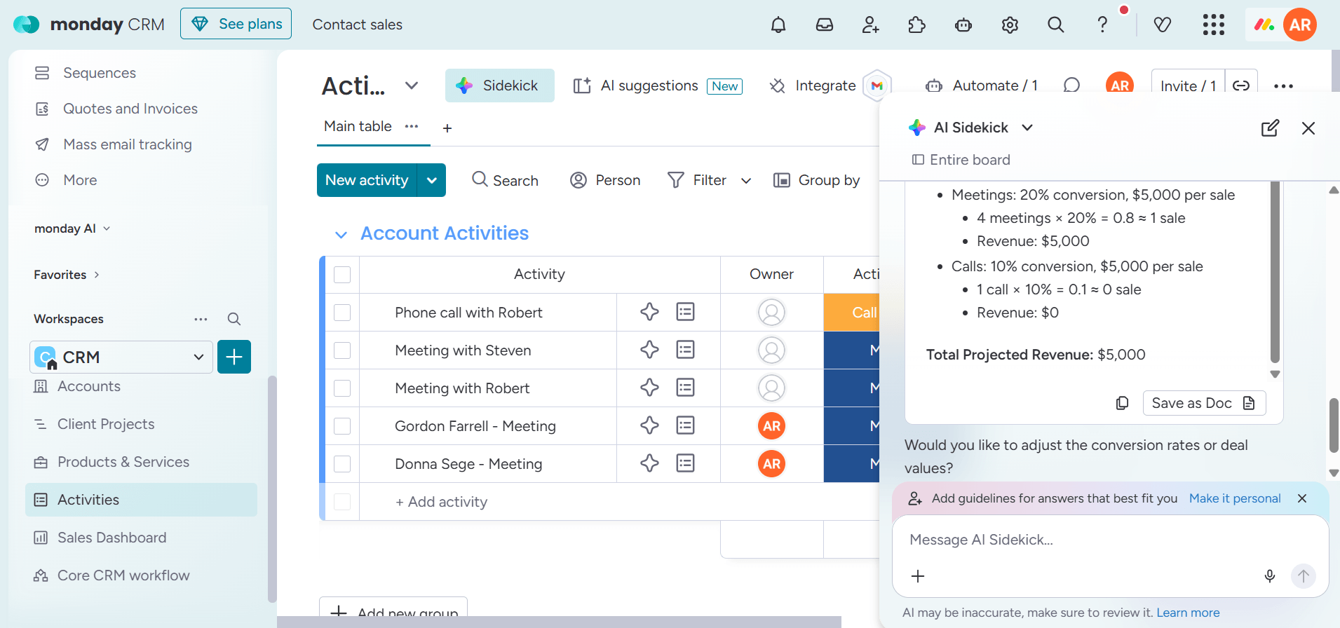 monday CRM Sales report AI Sidekick