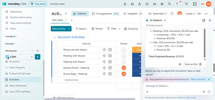monday CRM Sales report AI Sidekick