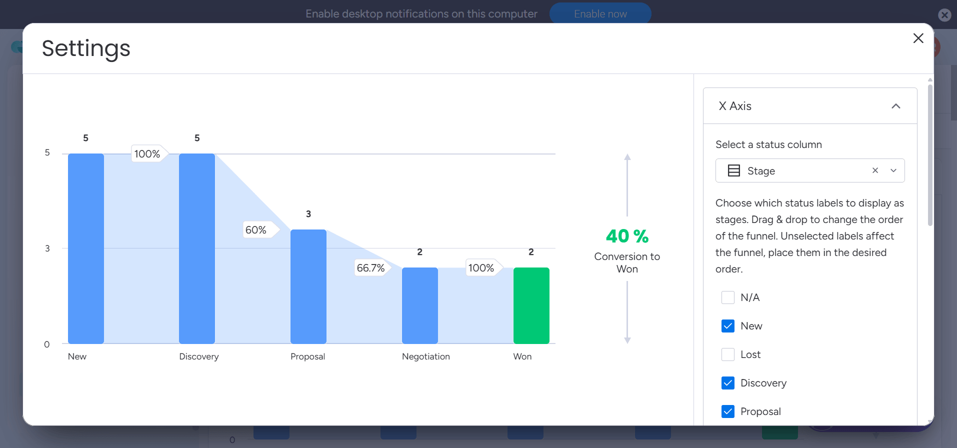 monday CRM: customizing pipeline conversion chart