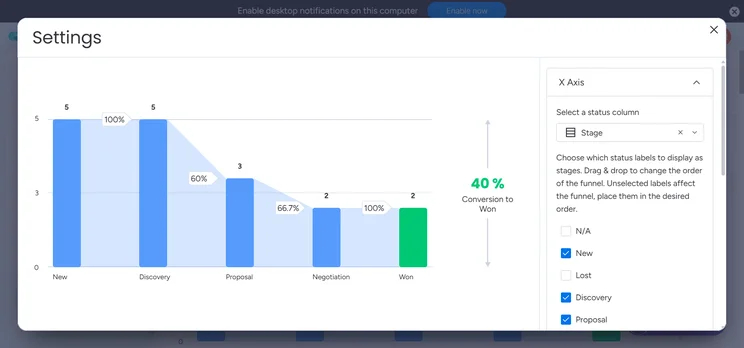 monday CRM: customizing pipeline conversion chart