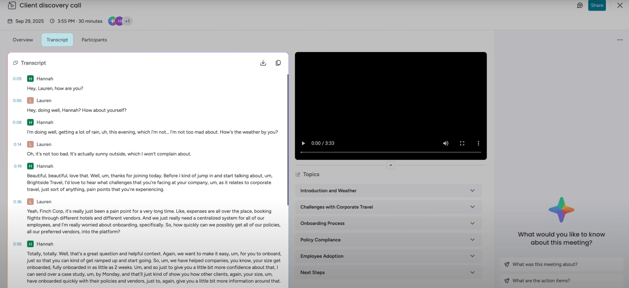 The monday AI Note Taker provides users with a clear look at the meeting, including speaker identification and key insights. Source: monday.com