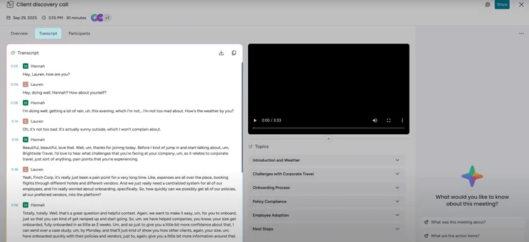 The monday AI Note Taker provides users with a clear look at the meeting, including speaker identification and key insights. Source: monday.com