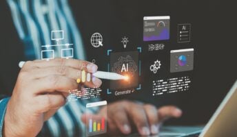 Individual using pen to navigate AI system graphic