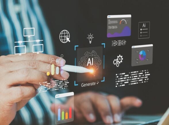 Individual using pen to navigate AI system graphic
