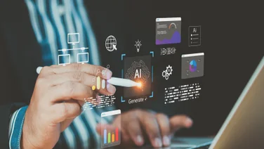 Individual using pen to navigate AI system graphic