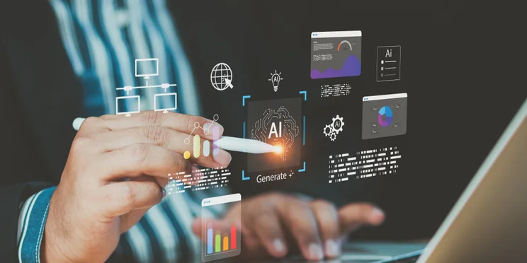 Individual using pen to navigate AI system graphic