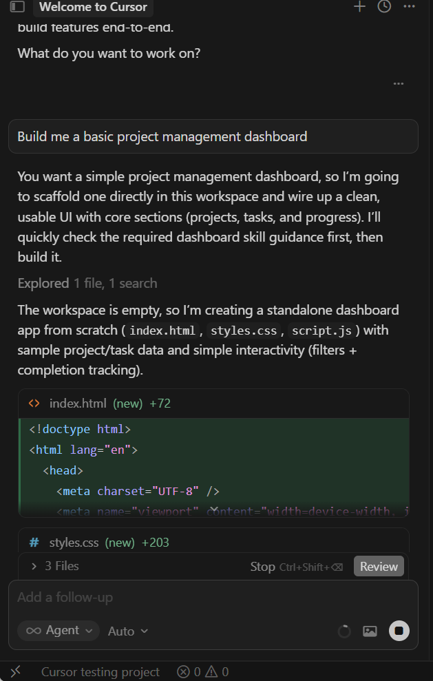Screenshot of Cursor. Source: Tech.co testing