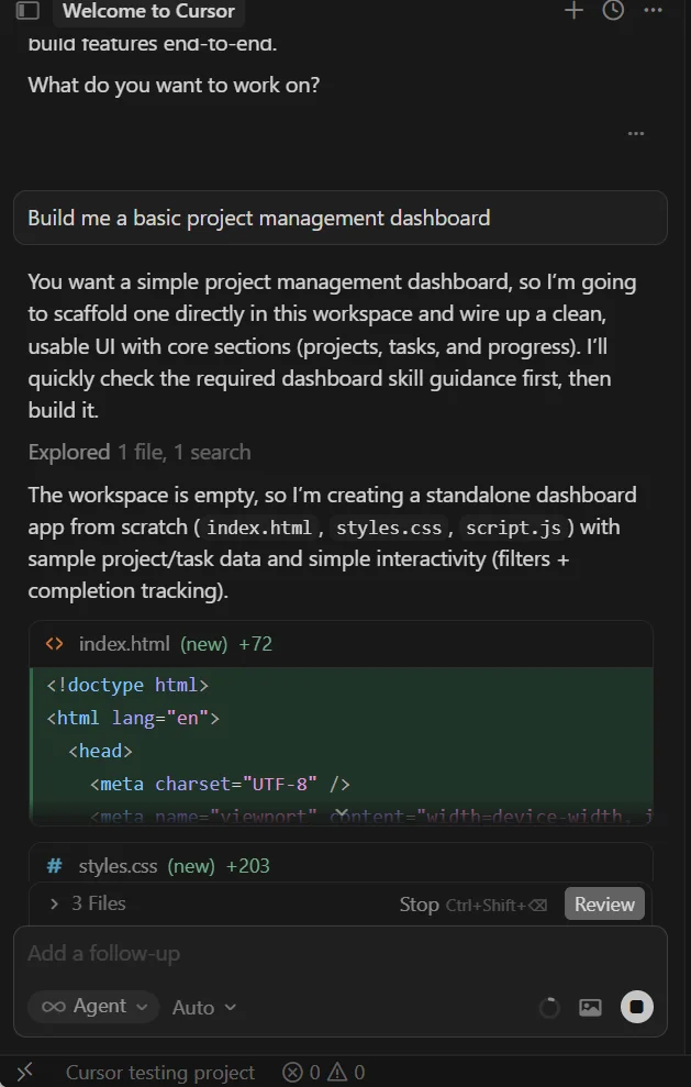 Screenshot of Cursor. Source: Tech.co testing