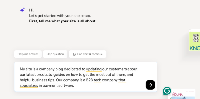 Screenshot of Wix AI setup. Source: Tech.co testing