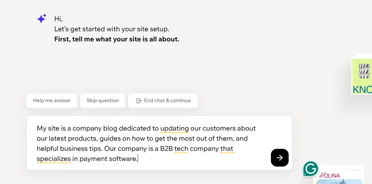 Screenshot of Wix AI setup. Source: Tech.co testing