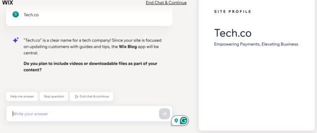 Screenshot of Wix AI setup. Source: Tech.co testing