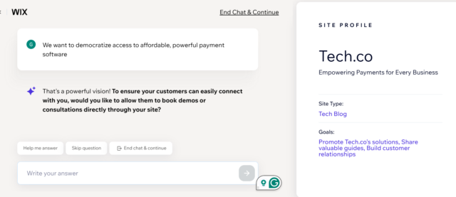 Screenshot of Wix AI setup. Source: Tech.co testing
