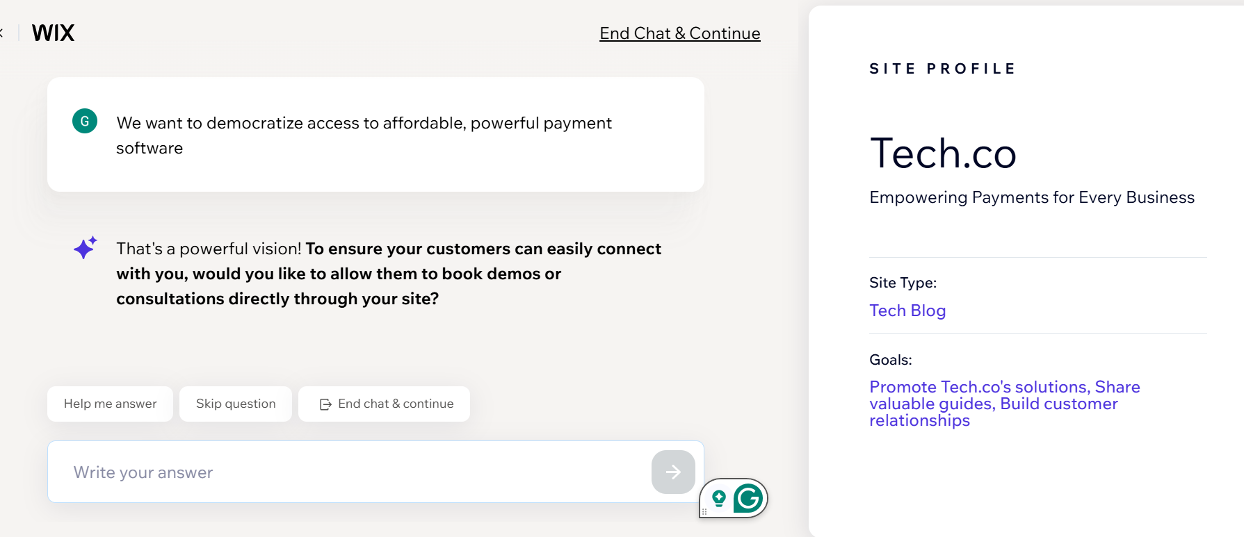 Screenshot of Wix AI setup. Source: Tech.co testing