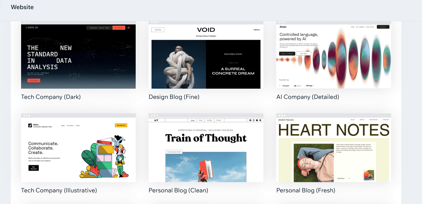 Screenshot of Wix templates. Source: Tech.co testing