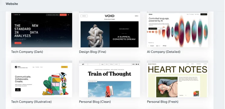 Screenshot of Wix templates. Source: Tech.co testing