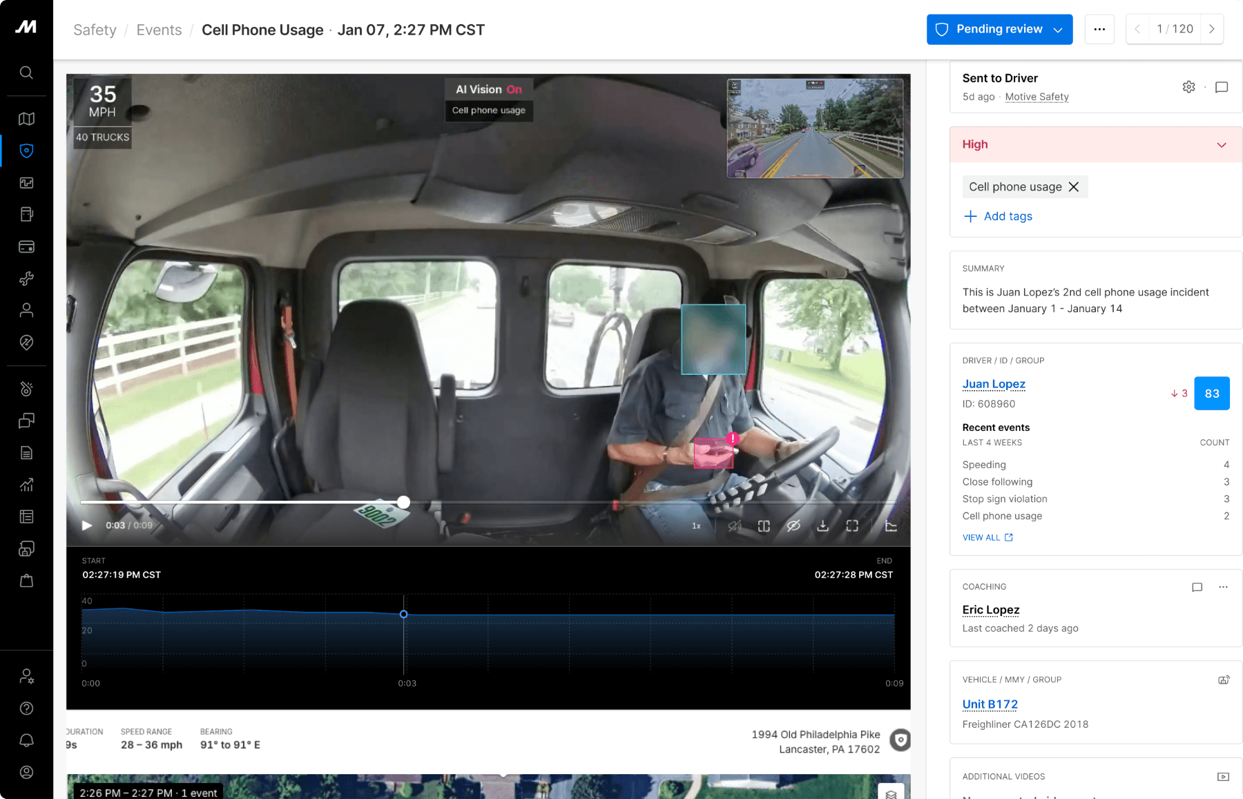 An example of Motive's dash cam AI vision detecting risky behavior. Source: Motive