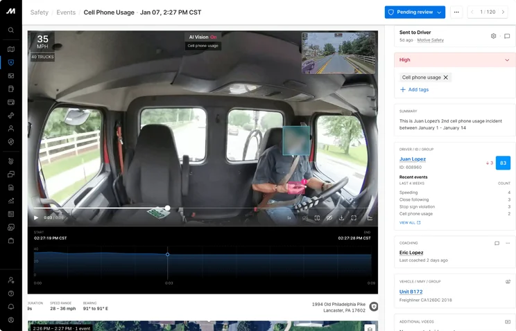 An example of Motive's dash cam AI vision detecting risky behavior. Source: Motive