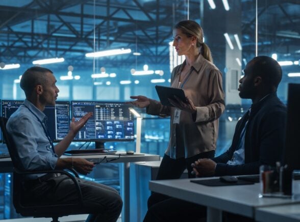 Employees discussing technology in lab