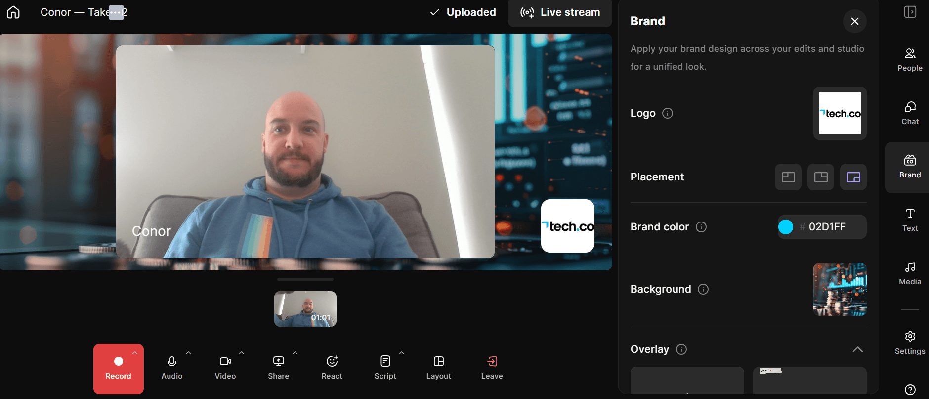 Riverside makes it easy to add your business branding to your webinar. Source: Tech.co testing