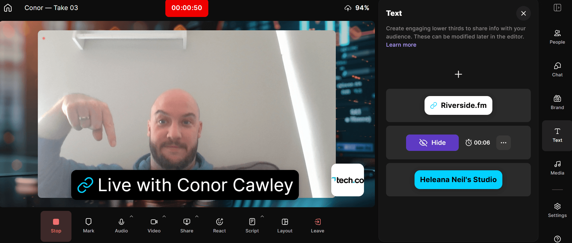 Riverside allows users to add engaging elements like buttons to webinars to capture audience attention. Source: Tech.co testing