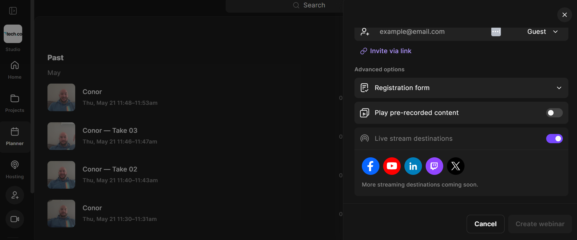 Riverside allows you to host livestream on different platforms to improve promotion opportunities. Source: Tech.co testing