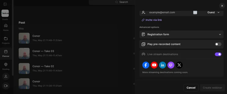 Riverside allows you to host livestream on different platforms to improve promotion opportunities. Source: Tech.co testing