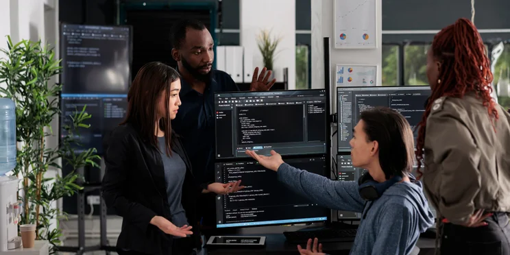 Employees surrounding computer in modern office