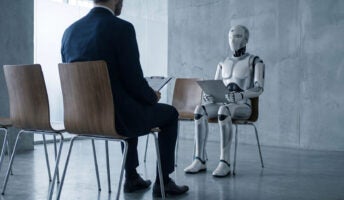 Businessman interviewing robot