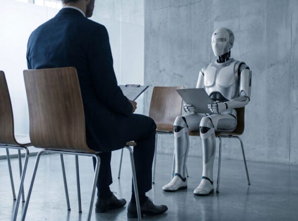 Businessman interviewing robot