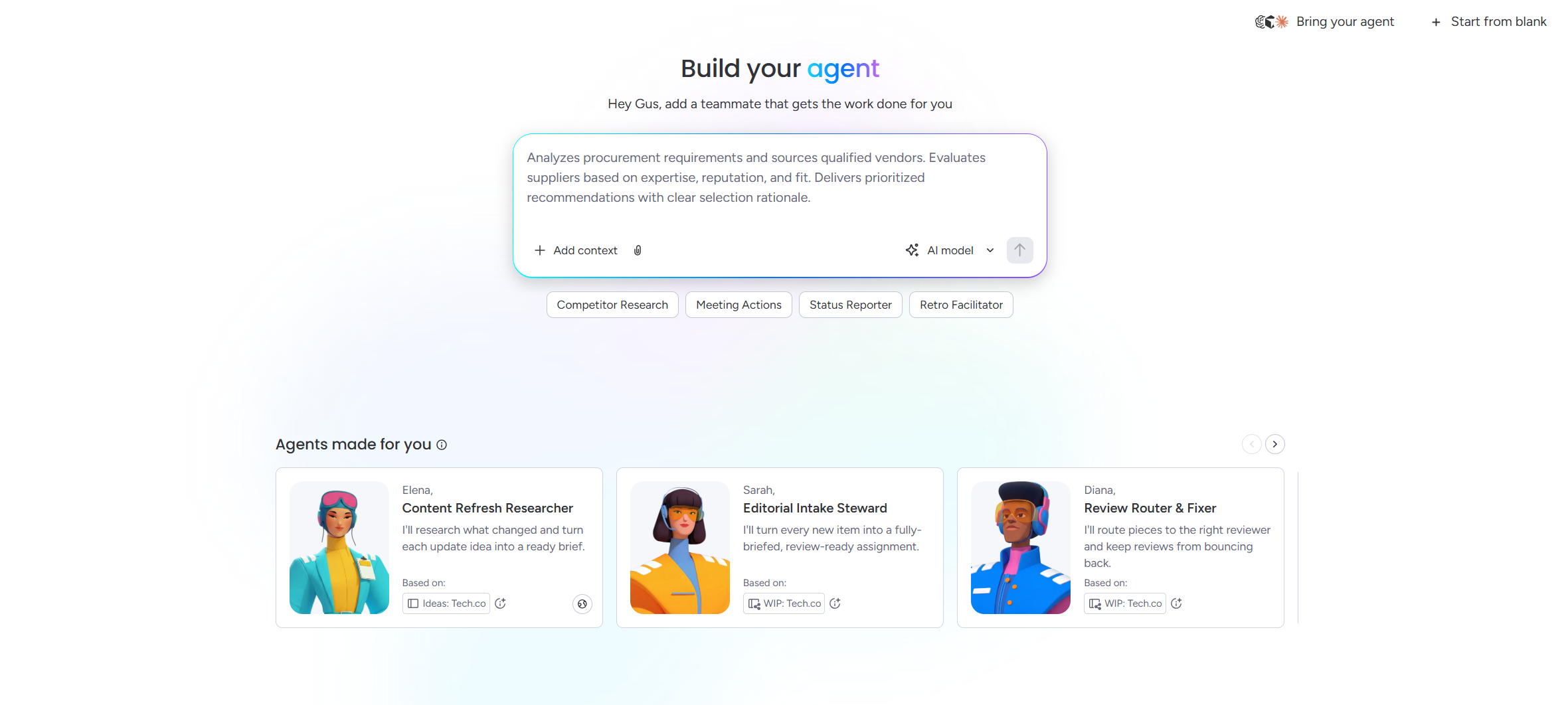 Screenshot of monday AI agent builder. Source: Tech.co testing