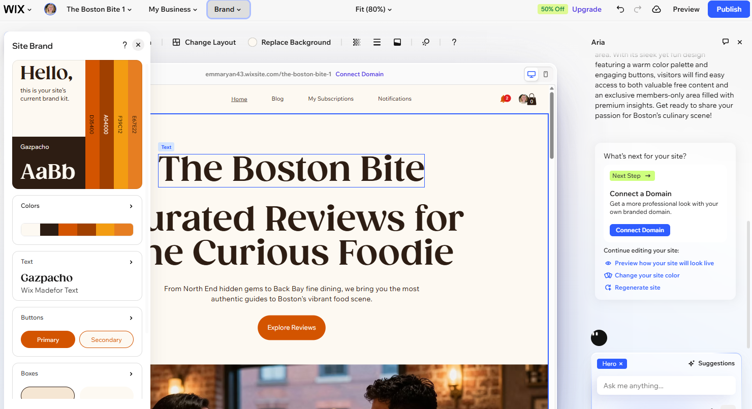 Food blog and brand style information generated by Wix Harmony