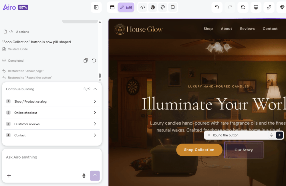 Screenshot of GoDaddy Airo AI Builder showing a website preview to the right and the conversation and message box to the left