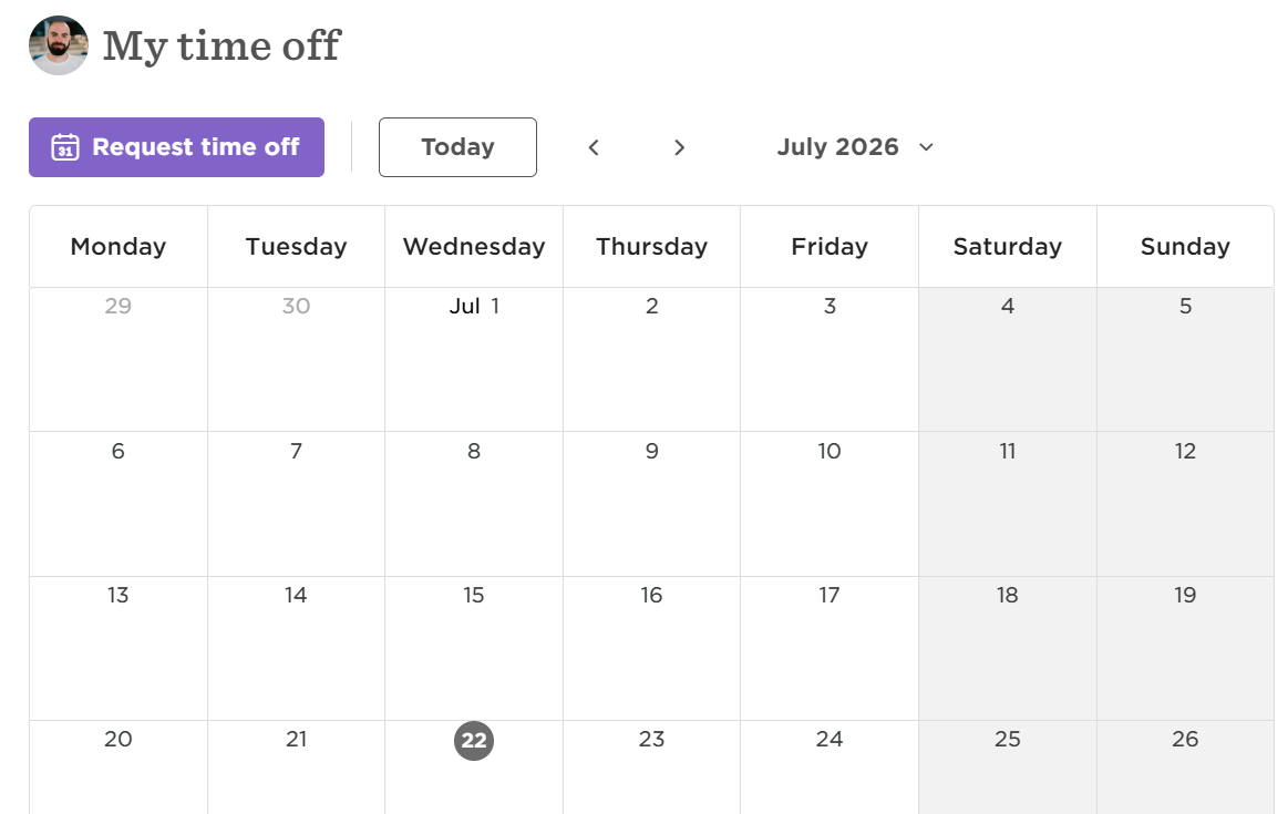 Screenshot of Hibob Time-Off calendar. Source: Tech.co testing