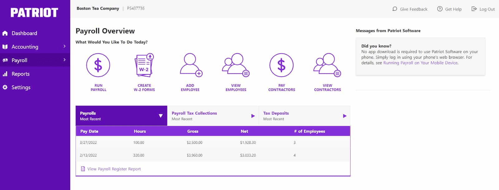Screenshot of Patriot payroll overview. Source: Fit Small Business