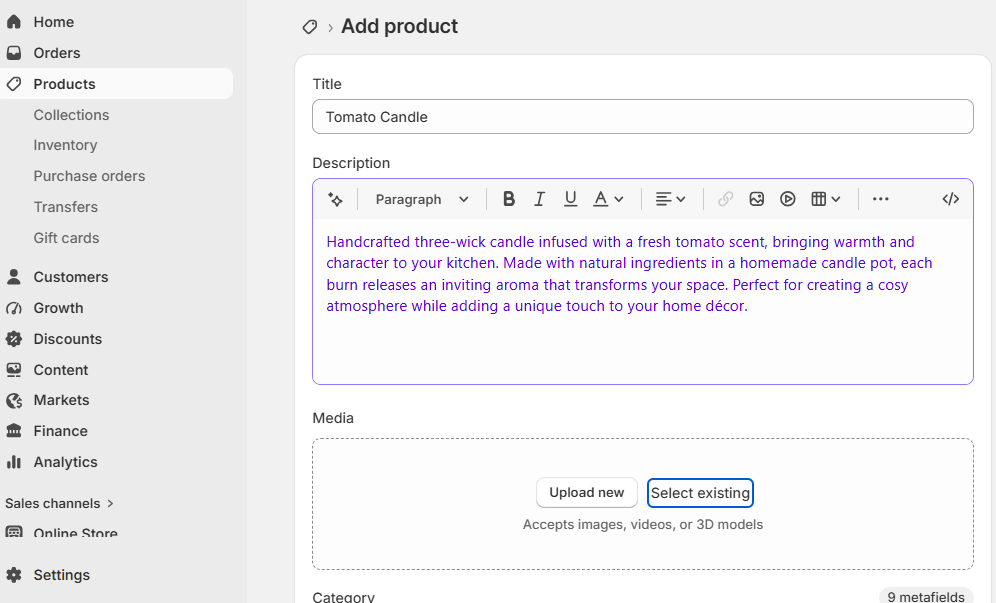 Adding a new product in Shopify with an AI-generated product description marked in purple text