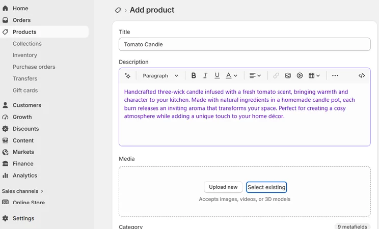 Adding a new product in Shopify with an AI-generated product description marked in purple text