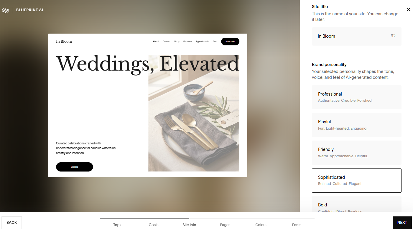 First step of Squarespace's Blueprint AI Builder, showing a box to add a site title and brand personality options to choose from