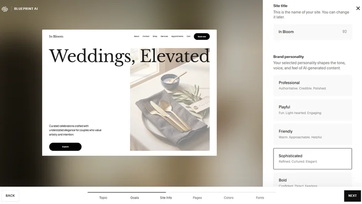 First step of Squarespace's Blueprint AI Builder, showing a box to add a site title and brand personality options to choose from