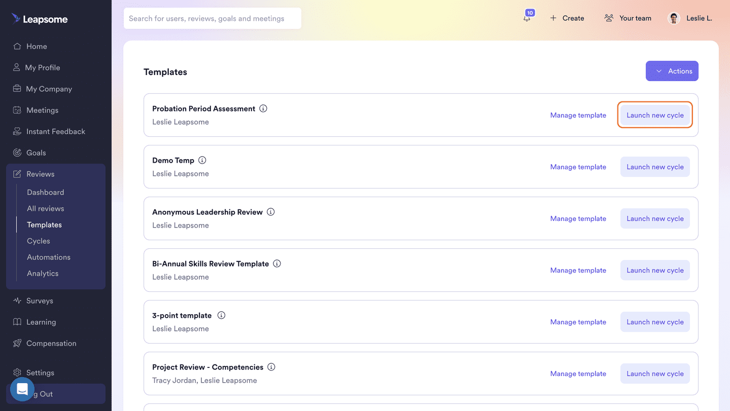 Screenshot of Leapsome templates. Source: Leapsome