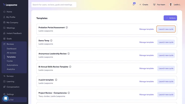 Screenshot of Leapsome templates. Source: Leapsome
