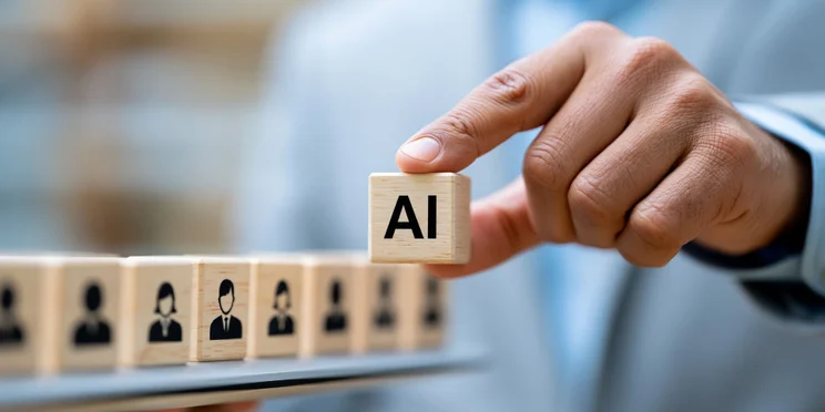 AI on wooden cubes with hand over candidates