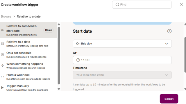 Screenshot of Rippling workflow builder. Source: Tech.co