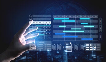 Graphic illustrating person using project management software