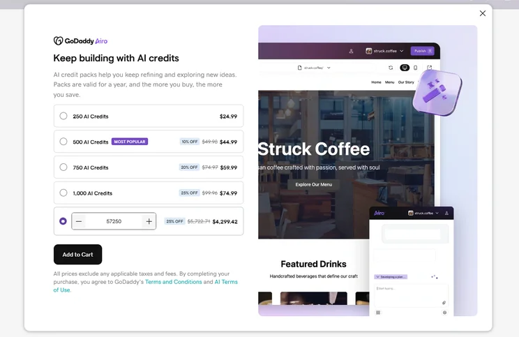GoDaddy Airo AI credit packs and pricing