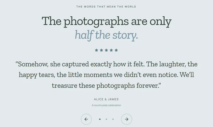 Hostinger AI Builder customer review section for wedding photography site