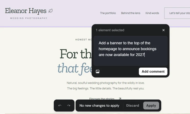 Hostinger AI Builder comment box in editor