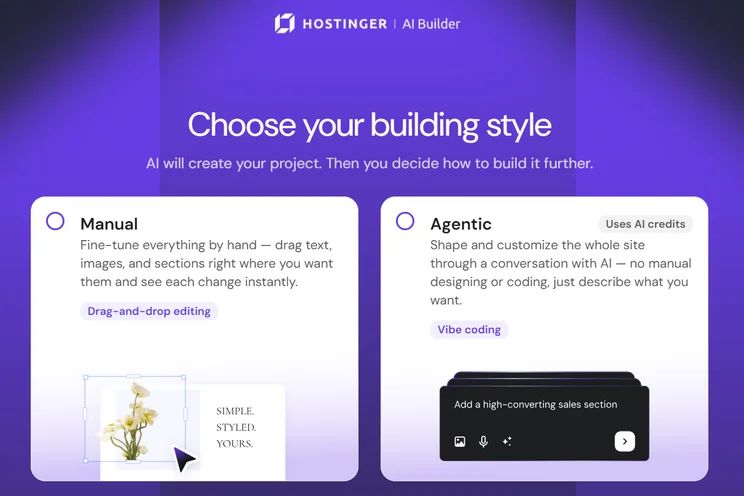 Hostinger AI builder manual vs agentic building options