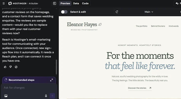 Hostinger AI builder preview for wedding photography portfolio site