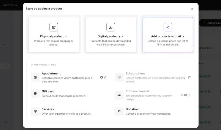 Hostinger AI Builder ecommerce product options